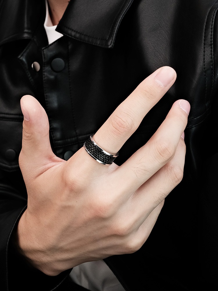 8mm Black Tungsten Ring Flash Men's Trendy High-end Personality All-match Ring Fashion Tungsten Steel Niche Index Finger Domineering