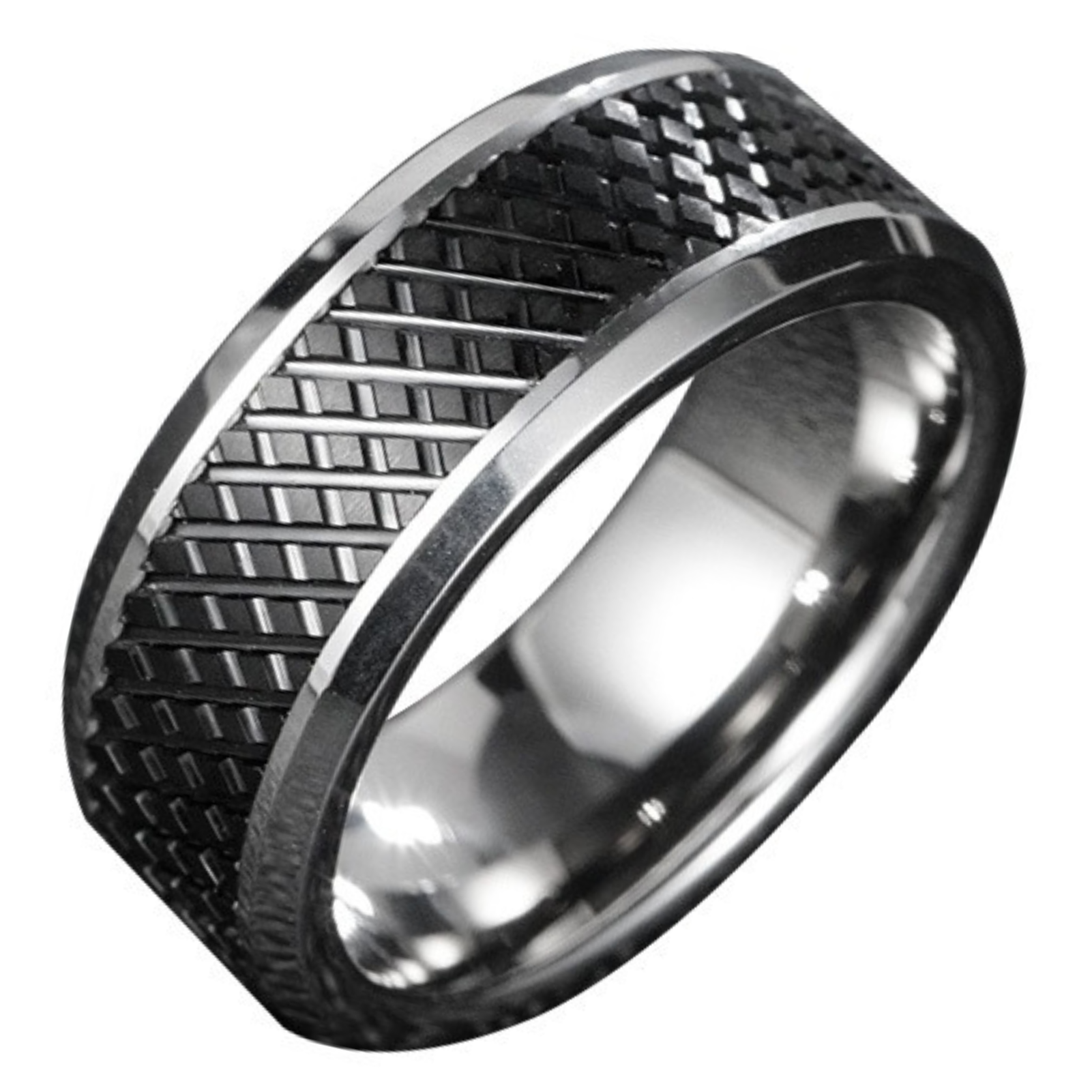 8mm Unisex Ring, High-Grade Black Silver Diamond-Shaped Couple Ring, Simple and Stylish Ring, Classic Two-Color Diamond Tungsten Gold Men's Ring, Tough Design, 857 Tungsten Gold, Wear-Resistant and Skin-Friendly, Showing Men's Domineering