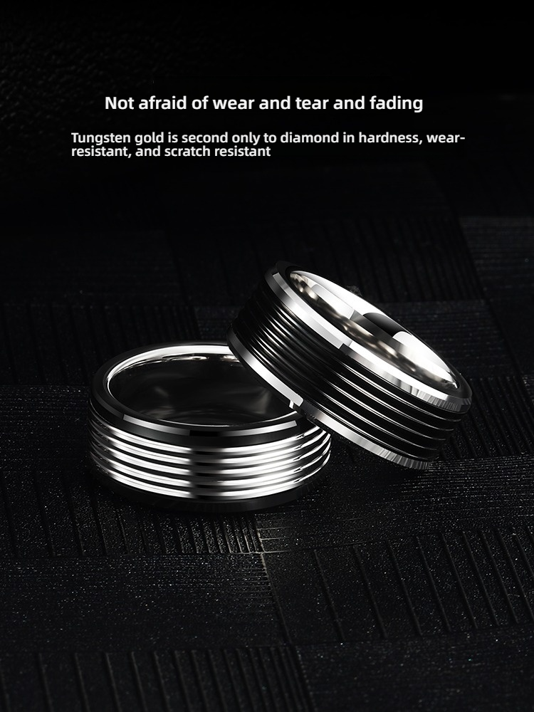 9mm Men's Ring Black White Couple Ring Tungsten Gold Simple Personality High-End Female Ring Wide Version Classic Line Ring 857 Tungsten Gold Wear-Resistant Skin-Friendly Black and White Collision Tough Atmosphere Comfortable to Wear