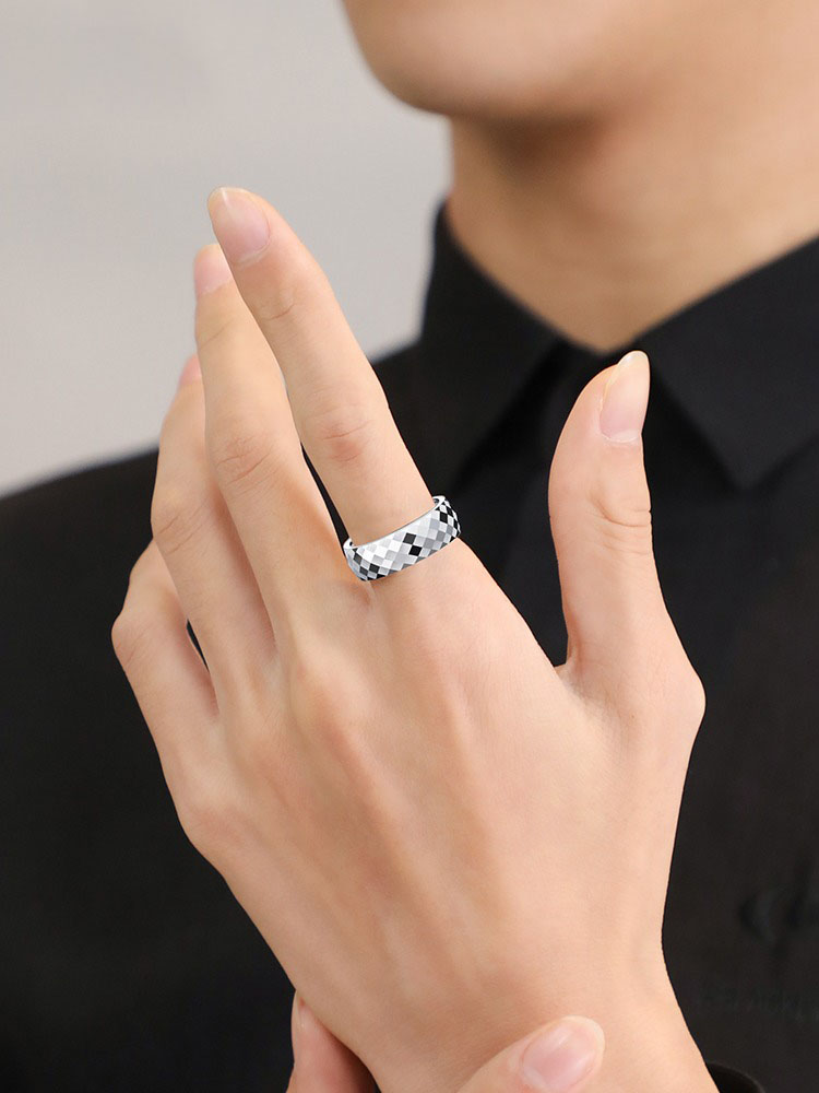 7mm Men's Ring Multi-faceted Diamond-shaped Mosaic Tungsten Steel Tungsten Gold Ring Trendy Ring Women's Wide Face Ring Simple and Fashionable Solid Wear-resistant