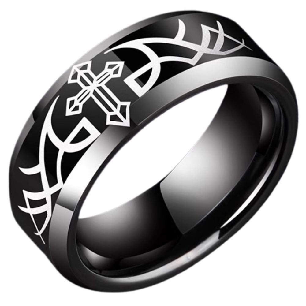 Men's Cross Angel Wings Tungsten Gold Black Ring Index Finger Single Ring Trendy Men's Personality Hip-Hop Ring Unique Design