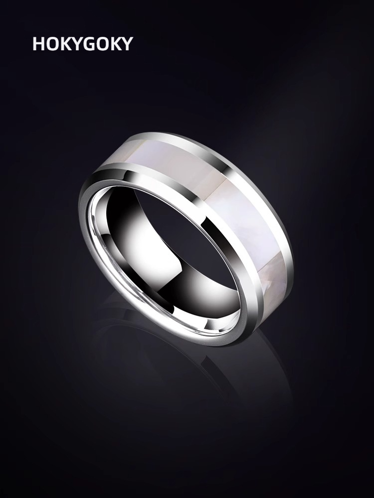 Tungsten Gold Ring Inlaid with Shell Ring Trendy Jewelry Simple and Fashionable OL Single Ring Men's Tungsten Gold Ring Inlaid with White Butterfly Shell Hard and Wear-Resistant Fashionable and Versatile Can be Engraved