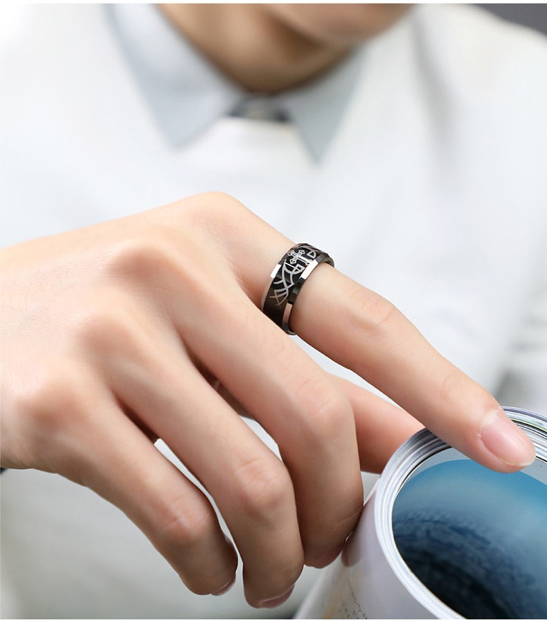 Men's Cross Angel Wings Tungsten Gold Black Ring Index Finger Single Ring Trendy Men's Personality Hip-Hop Ring Unique Design