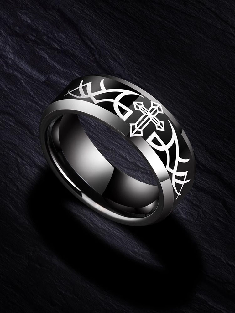 Men's Cross Angel Wings Tungsten Gold Black Ring Index Finger Single Ring Trendy Men's Personality Hip-Hop Ring Unique Design