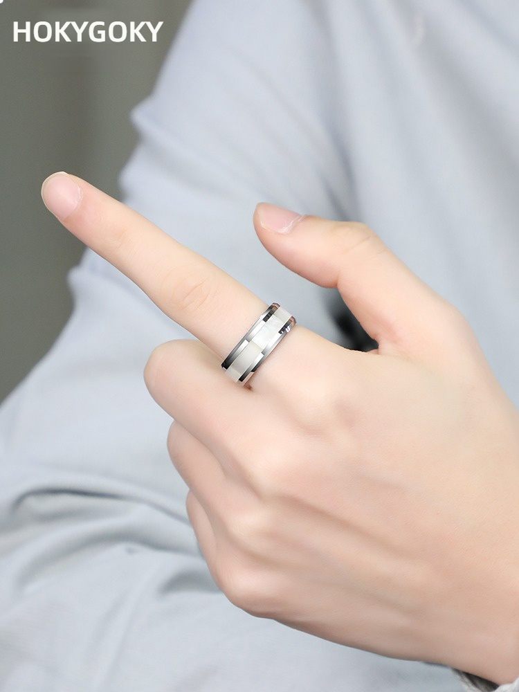 Tungsten Gold Ring Inlaid with Shell Ring Trendy Jewelry Simple and Fashionable OL Single Ring Men's Tungsten Gold Ring Inlaid with White Butterfly Shell Hard and Wear-Resistant Fashionable and Versatile Can be Engraved