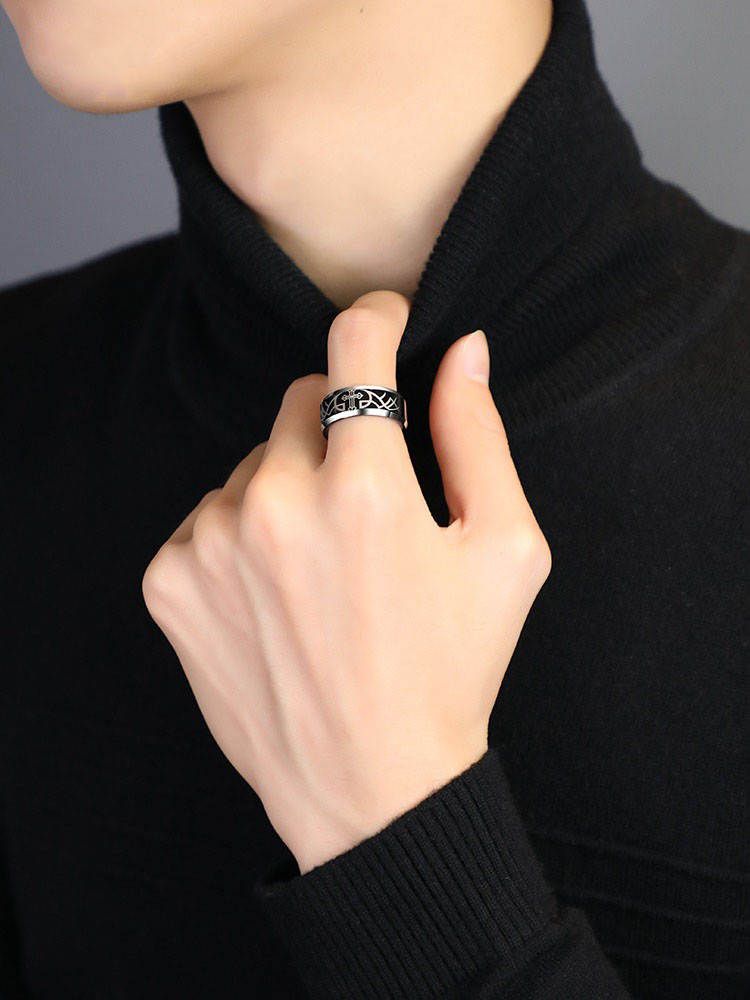 Men's Cross Angel Wings Tungsten Gold Black Ring Index Finger Single Ring Trendy Men's Personality Hip-Hop Ring Unique Design