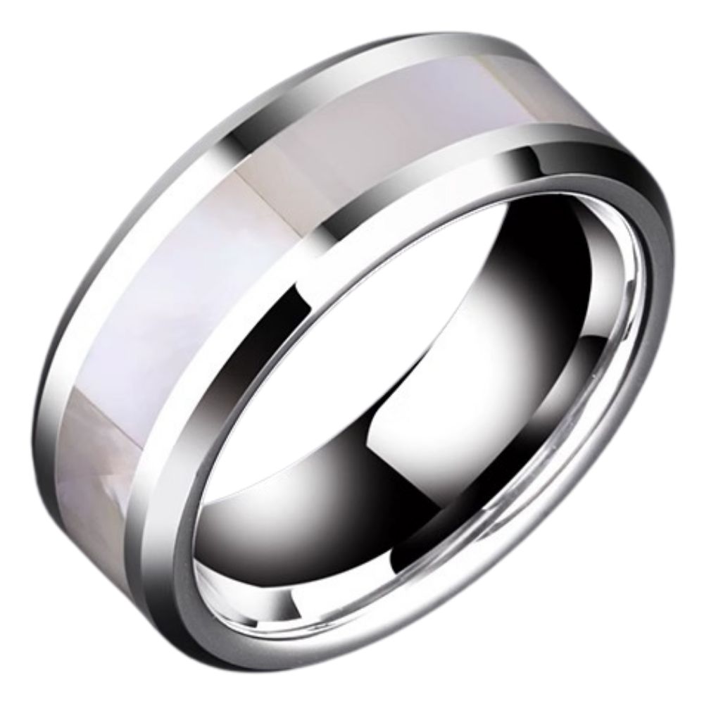 Tungsten Gold Ring Inlaid with Shell Ring Trendy Jewelry Simple and Fashionable OL Single Ring Men's Tungsten Gold Ring Inlaid with White Butterfly Shell Hard and Wear-Resistant Fashionable and Versatile Can be Engraved