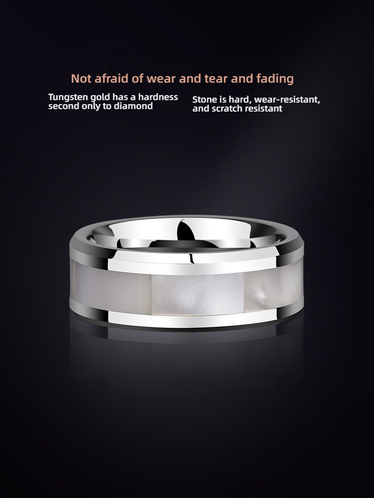 Tungsten Gold Ring Inlaid with Shell Ring Trendy Jewelry Simple and Fashionable OL Single Ring Men's Tungsten Gold Ring Inlaid with White Butterfly Shell Hard and Wear-Resistant Fashionable and Versatile Can be Engraved