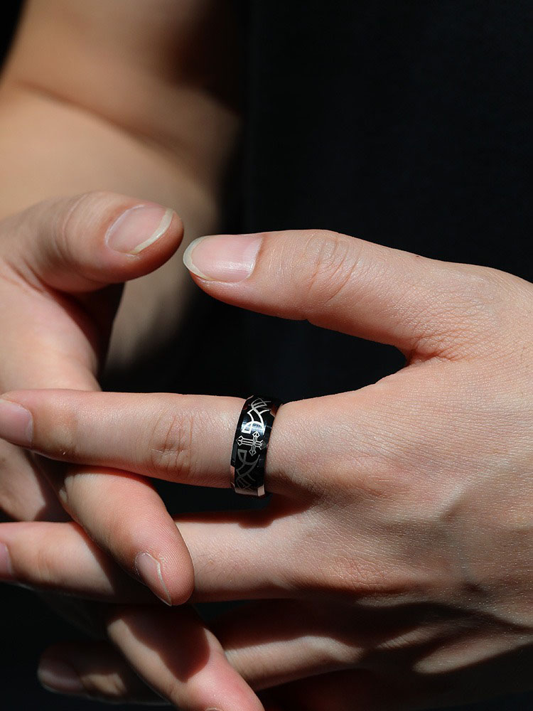 Men's Cross Angel Wings Tungsten Gold Black Ring Index Finger Single Ring Trendy Men's Personality Hip-Hop Ring Unique Design