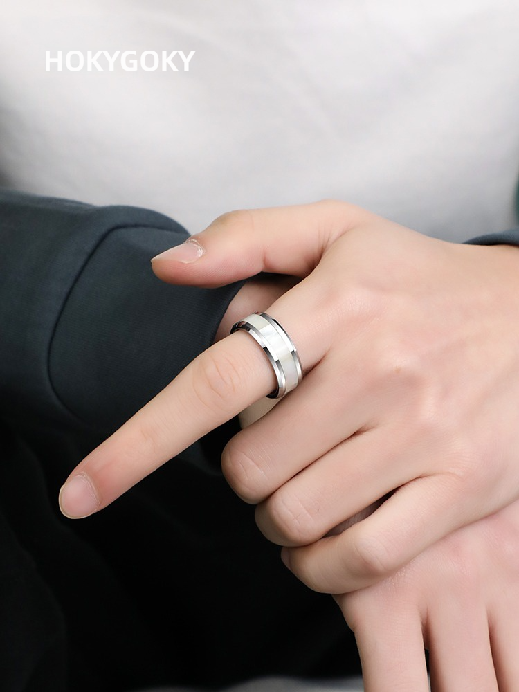 Tungsten Gold Ring Inlaid with Shell Ring Trendy Jewelry Simple and Fashionable OL Single Ring Men's Tungsten Gold Ring Inlaid with White Butterfly Shell Hard and Wear-Resistant Fashionable and Versatile Can be Engraved