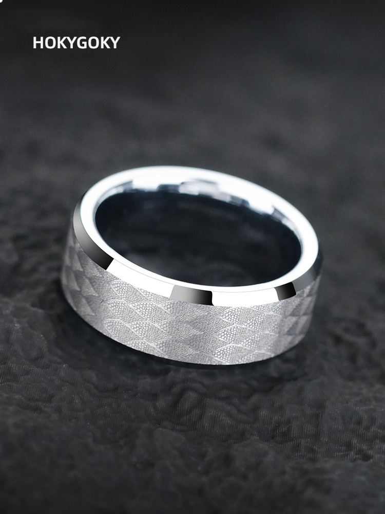 8mm Men's Ring Diamond Dragon Scale High-End Personality Trend 857 Tungsten Gold Plain Ring Thin Willow Dragon Scale Tungsten Gold Ring Lace Carving Elegant and Tough Collision Skin-Friendly and Wear-Resistant to Create a Highlight of the Outfit