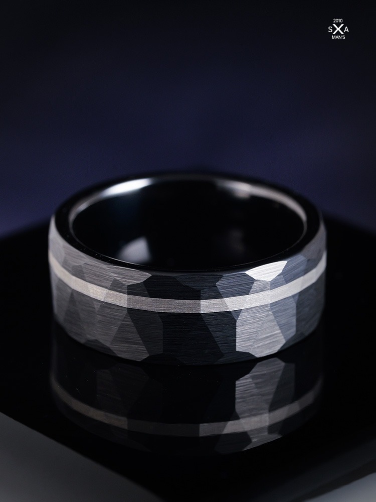 8mm Men's Hammered Ring Black High-End Trend Simple Wide Ring Retro Ink Crescent Tungsten Gold Ring 857 Tungsten Gold Brushed Hammered Ring Black Silver Contrast Mysterious Ink Crescent Design Wear-Resistant and Skin-Friendly Men's Charming Choice