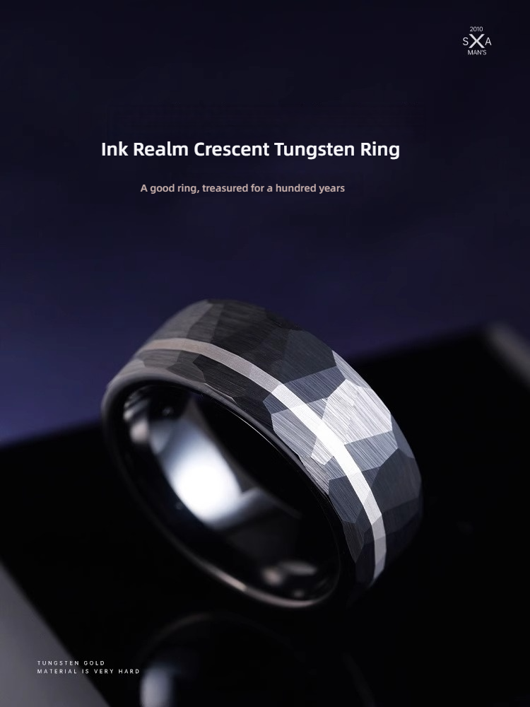 8mm Men's Hammered Ring Black High-End Trend Simple Wide Ring Retro Ink Crescent Tungsten Gold Ring 857 Tungsten Gold Brushed Hammered Ring Black Silver Contrast Mysterious Ink Crescent Design Wear-Resistant and Skin-Friendly Men's Charming Choice