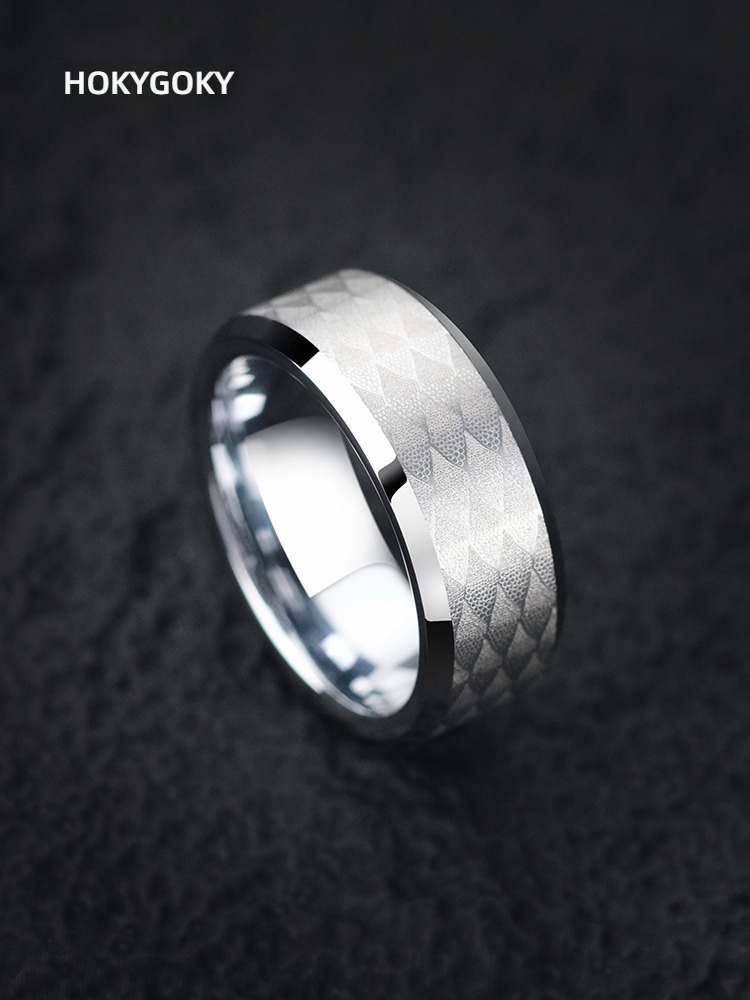 8mm Men's Ring Diamond Dragon Scale High-End Personality Trend 857 Tungsten Gold Plain Ring Thin Willow Dragon Scale Tungsten Gold Ring Lace Carving Elegant and Tough Collision Skin-Friendly and Wear-Resistant to Create a Highlight of the Outfit