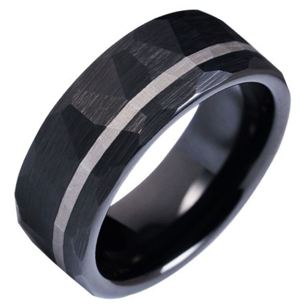 8mm Men's Hammered Ring Black High-End Trend Simple Wide Ring Retro Ink Crescent Tungsten Gold Ring 857 Tungsten Gold Brushed Hammered Ring Black Silver Contrast Mysterious Ink Crescent Design Wear-Resistant and Skin-Friendly Men's Charming Choice