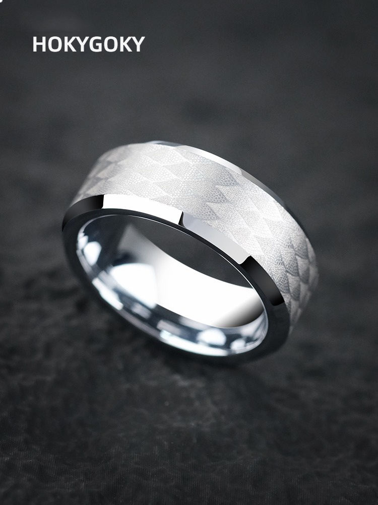 8mm Men's Ring Diamond Dragon Scale High-End Personality Trend 857 Tungsten Gold Plain Ring Thin Willow Dragon Scale Tungsten Gold Ring Lace Carving Elegant and Tough Collision Skin-Friendly and Wear-Resistant to Create a Highlight of the Outfit