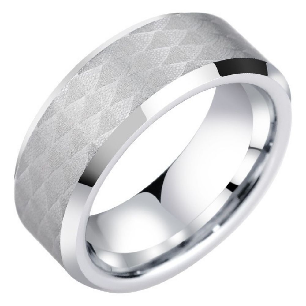 8mm Men's Ring Diamond Dragon Scale High-End Personality Trend 857 Tungsten Gold Plain Ring Thin Willow Dragon Scale Tungsten Gold Ring Lace Carving Elegant and Tough Collision Skin-Friendly and Wear-Resistant to Create a Highlight of the Outfit