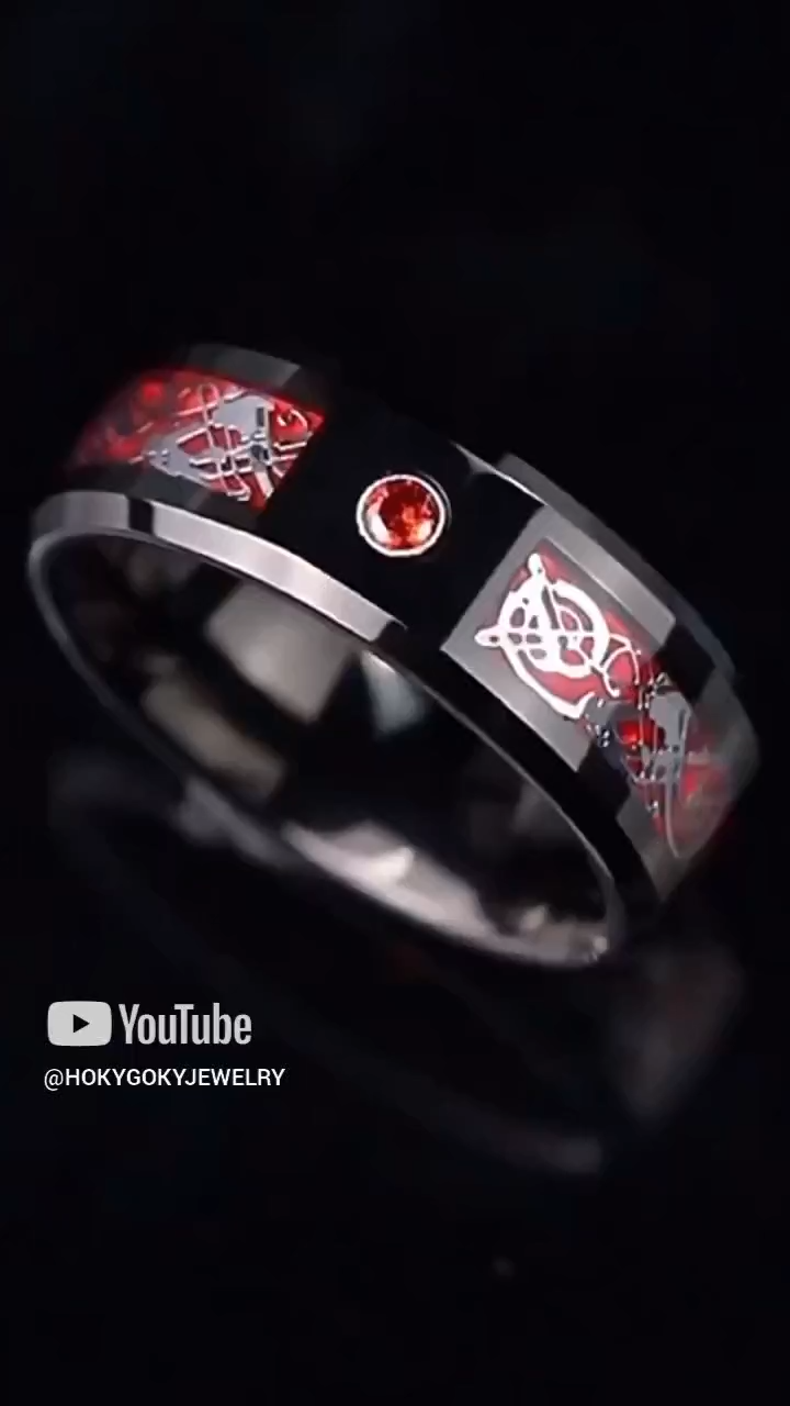 8mm Men's Ring for Transfer, High-End Feeling, Fortune and Luck, Single, Red Zircon, Zodiac Year Trend, Personalized Tungsten Ring, Red Fortune Ring - 857 Tungsten Dragon Pattern, Red and Black Contrast, Wear-Resistant, Free Engraving