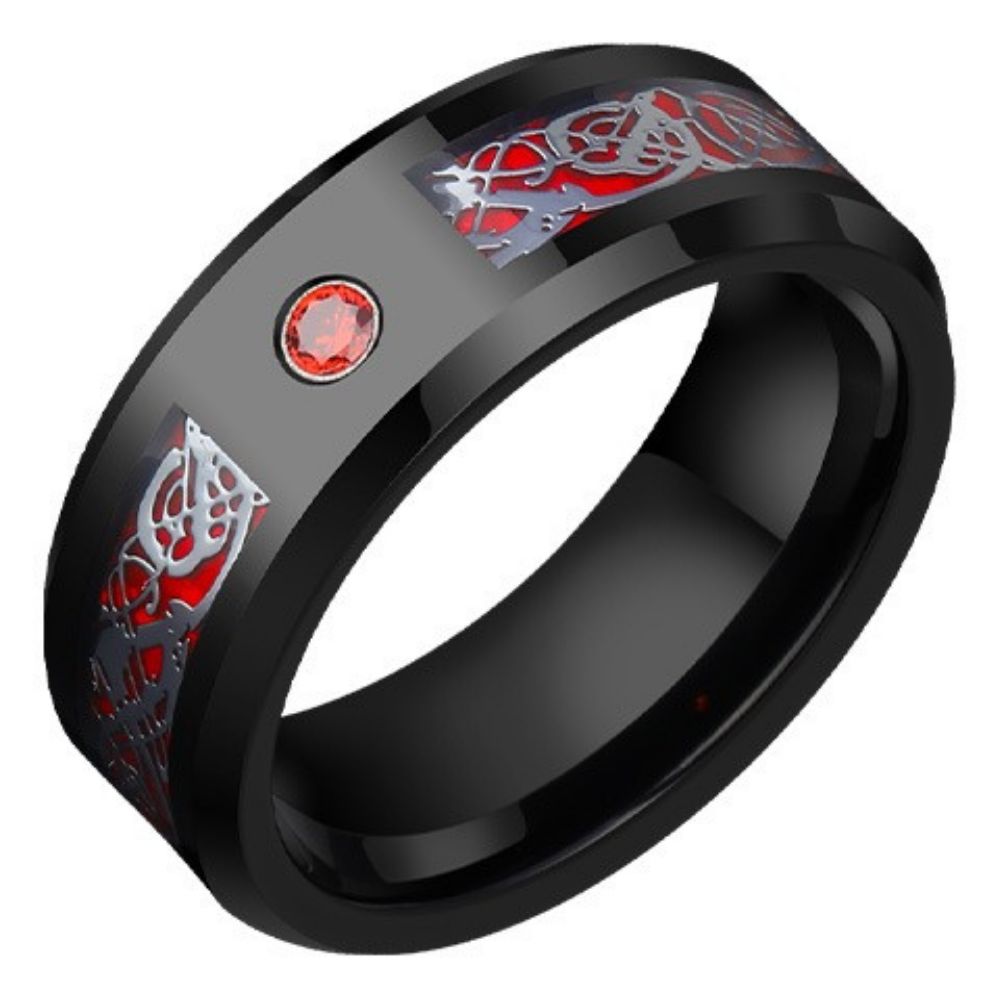 8mm Men's Ring for Transfer, High-End Feeling, Fortune and Luck, Single, Red Zircon, Zodiac Year Trend, Personalized Tungsten Ring, Red Fortune Ring - 857 Tungsten Dragon Pattern, Red and Black Contrast, Wear-Resistant, Free Engraving