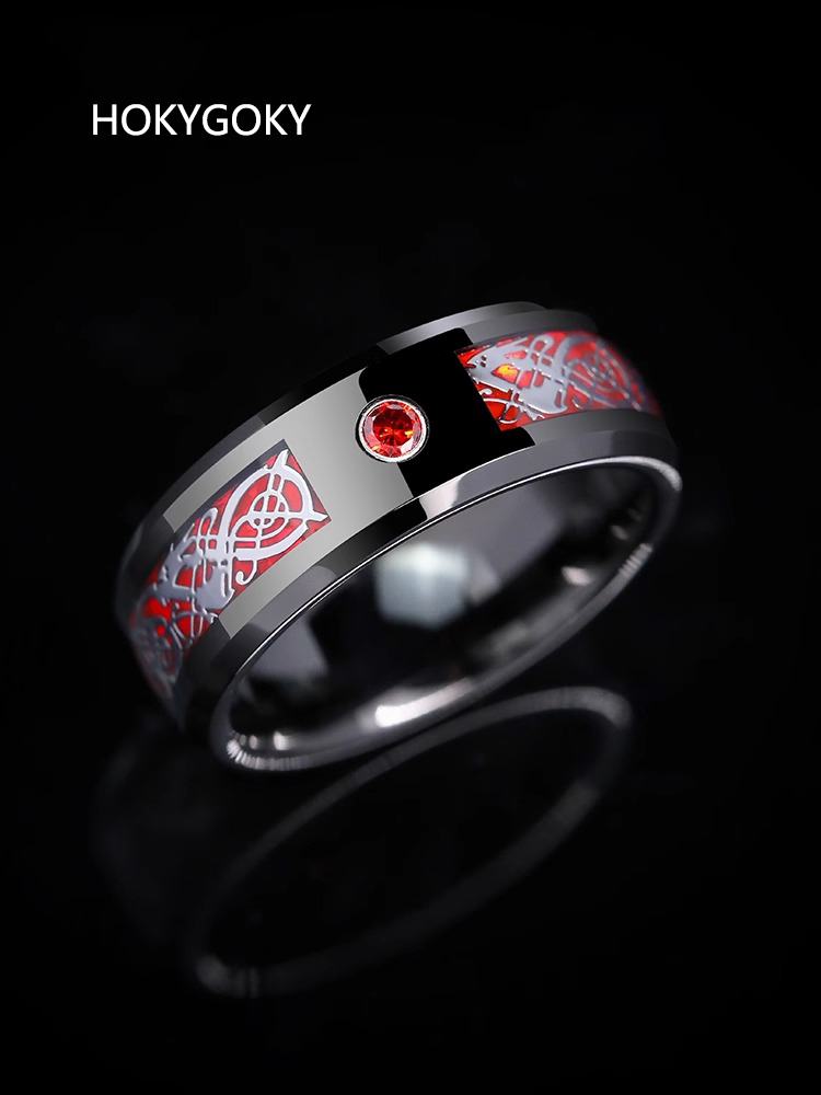 8mm Men's Ring for Transfer, High-End Feeling, Fortune and Luck, Single, Red Zircon, Zodiac Year Trend, Personalized Tungsten Ring, Red Fortune Ring - 857 Tungsten Dragon Pattern, Red and Black Contrast, Wear-Resistant, Free Engraving