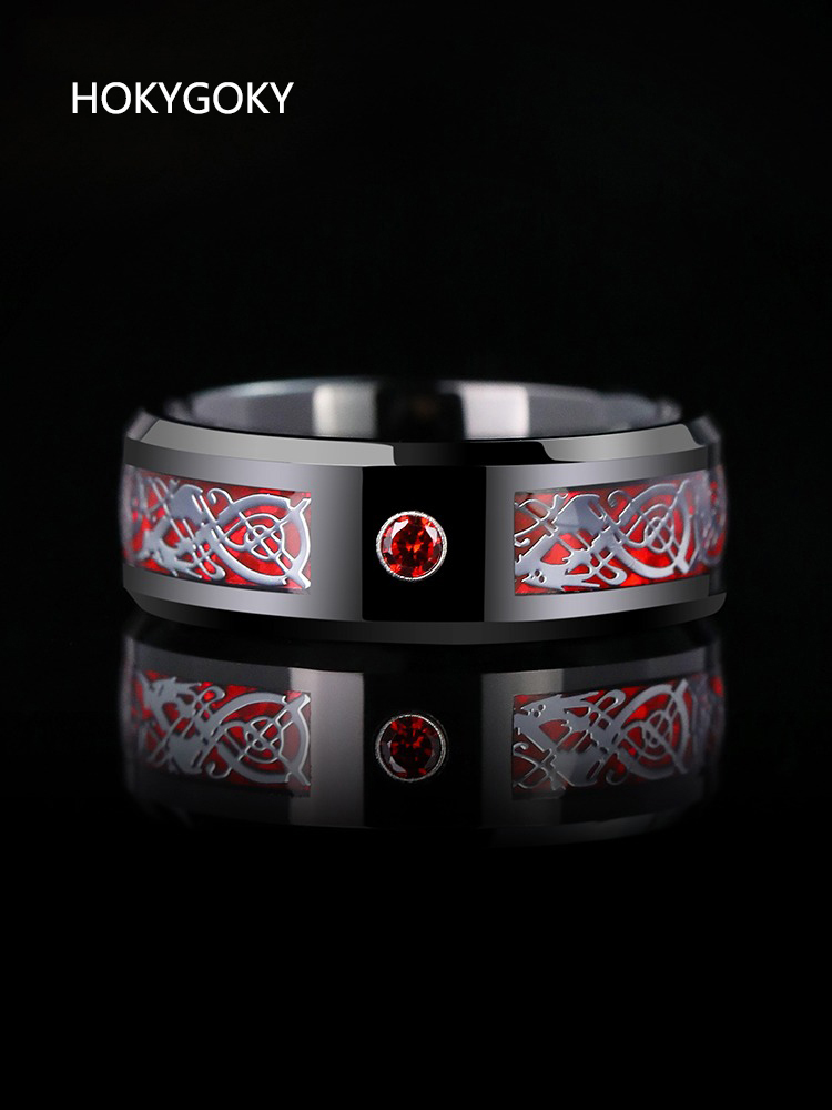 8mm Men's Ring for Transfer, High-End Feeling, Fortune and Luck, Single, Red Zircon, Zodiac Year Trend, Personalized Tungsten Ring, Red Fortune Ring - 857 Tungsten Dragon Pattern, Red and Black Contrast, Wear-Resistant, Free Engraving