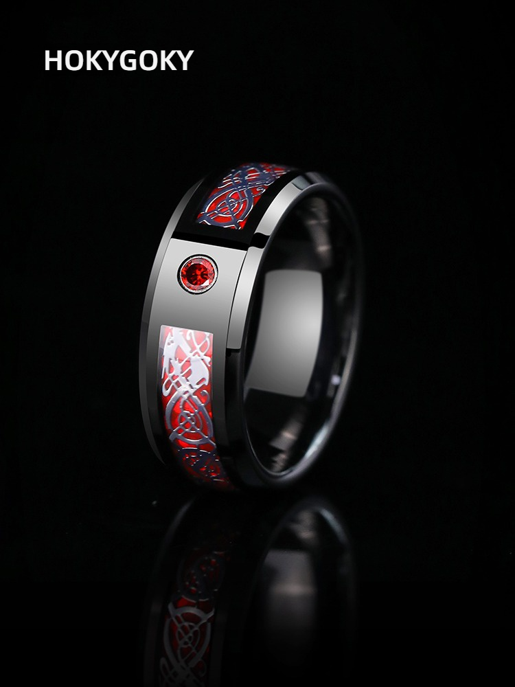 8mm Men's Ring for Transfer, High-End Feeling, Fortune and Luck, Single, Red Zircon, Zodiac Year Trend, Personalized Tungsten Ring, Red Fortune Ring - 857 Tungsten Dragon Pattern, Red and Black Contrast, Wear-Resistant, Free Engraving