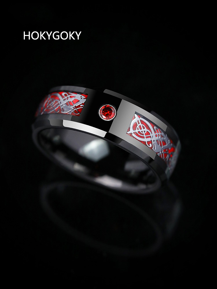 8mm Men's Ring for Transfer, High-End Feeling, Fortune and Luck, Single, Red Zircon, Zodiac Year Trend, Personalized Tungsten Ring, Red Fortune Ring - 857 Tungsten Dragon Pattern, Red and Black Contrast, Wear-Resistant, Free Engraving