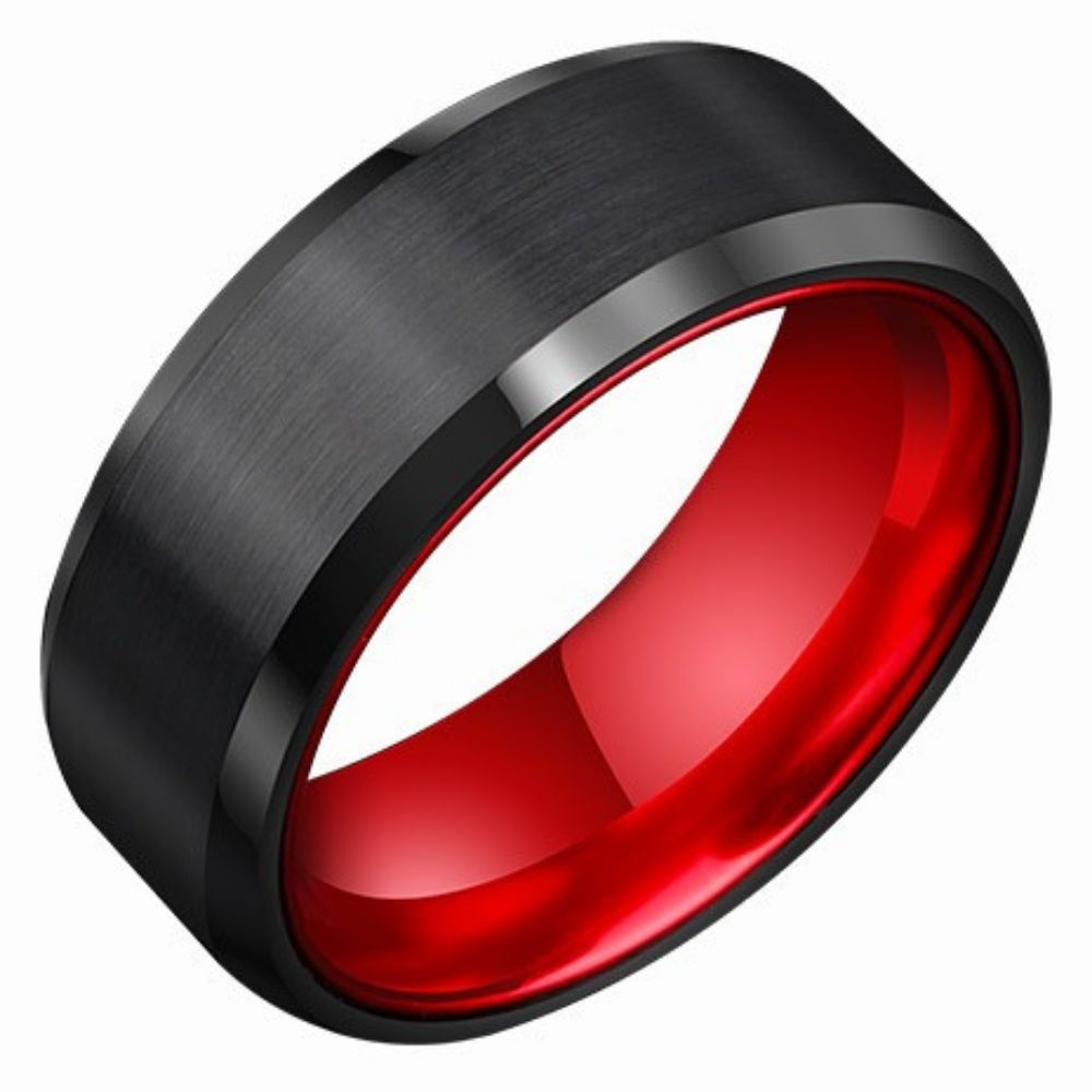 8mm Men's Ring High-End Single Cold Style Tungsten Gold Index Finger Black Red Personality Cool Ring Trendy Morning Glow Ring-857 Tungsten Gold Wear-Resistant Black Red Contrast Color Brushed Sand Texture Free Engraving Comfortable to Wear