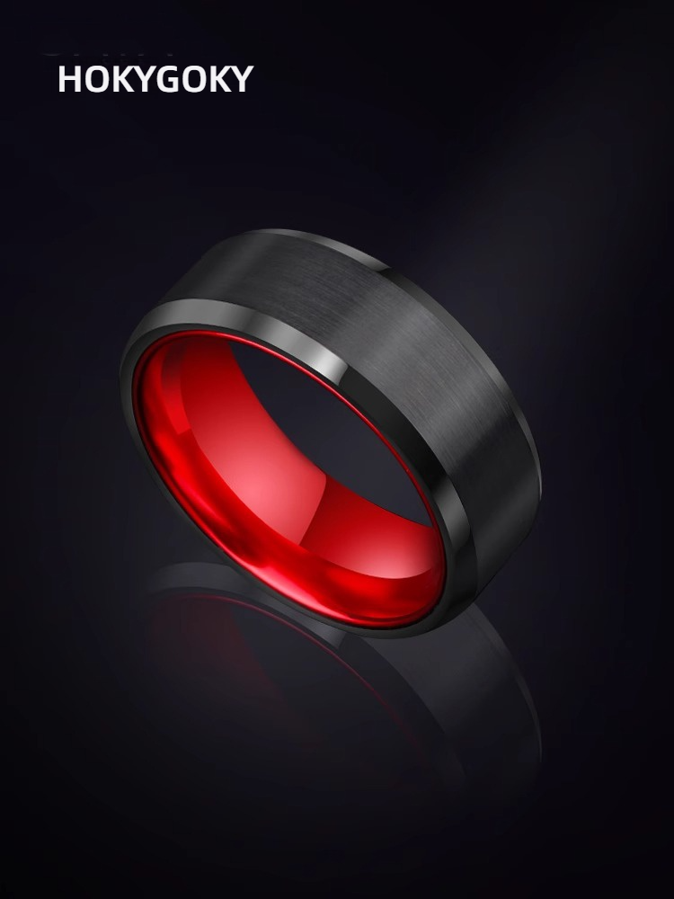 8mm Men's Ring High-End Single Cold Style Tungsten Gold Index Finger Black Red Personality Cool Ring Trendy Morning Glow Ring-857 Tungsten Gold Wear-Resistant Black Red Contrast Color Brushed Sand Texture Free Engraving Comfortable to Wear