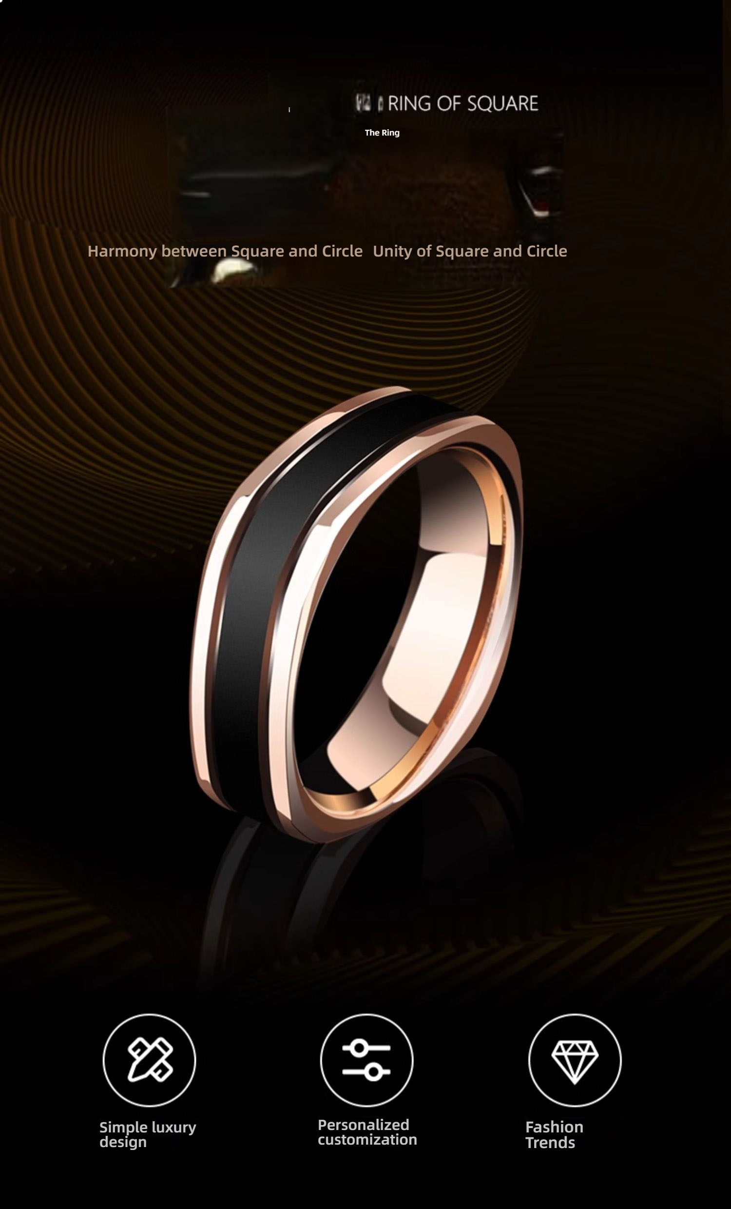 8mm Men's Square and Circle 857 Tungsten Gold Ring Trendy Men's Personality Couple High-end Little Finger Square Ring Female Rose Gold Index Finger Black Tungsten Gold Single Personalized Fashion