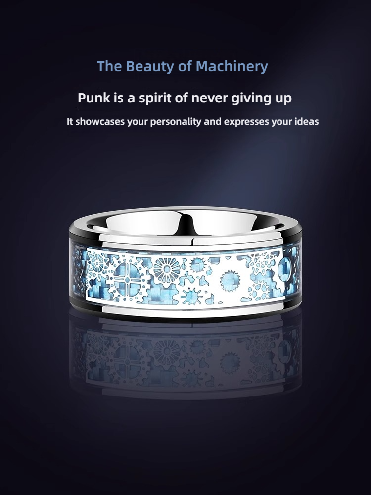 8mm Men's 857 Tungsten Gear Ring Mechanical Single Trendy Men's Index Finger Tungsten Wide Ring Boys Personality High-end Punk Transparent Steampunk Mechanical Fashion