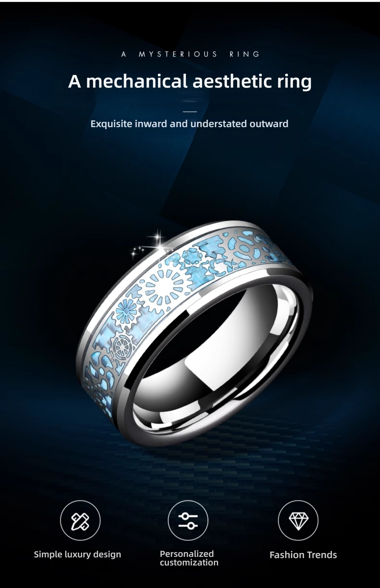 8mm Men's 857 Tungsten Gear Ring Mechanical Single Trendy Men's Index Finger Tungsten Wide Ring Boys Personality High-end Punk Transparent Steampunk Mechanical Fashion