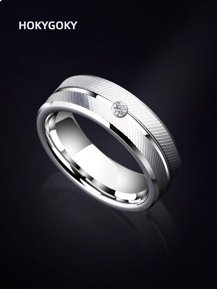 7mm Unisex Platinum-Plated Ring Trendy Tungsten Gold Single Moissanite Versatile Silver Ring Angel Ring 857 Tungsten Gold Inlaid Moissanite Feather Texture Eight Hearts and Eight Arrows Cut Wear-Resistant Non-Fading Light Luxury Men's Ring