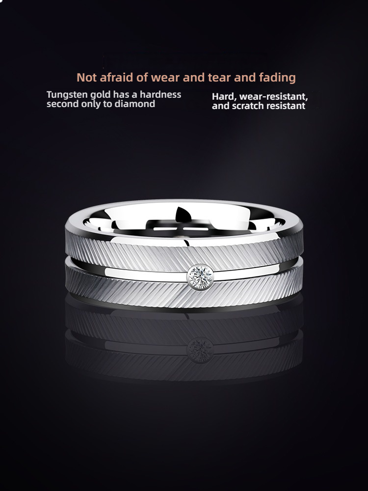 7mm Unisex Platinum-Plated Ring Trendy Tungsten Gold Single Moissanite Versatile Silver Ring Angel Ring 857 Tungsten Gold Inlaid Moissanite Feather Texture Eight Hearts and Eight Arrows Cut Wear-Resistant Non-Fading Light Luxury Men's Ring