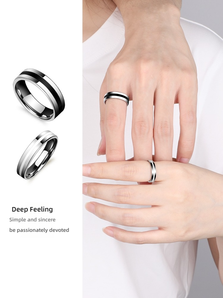 Black and White Couple Rings, Fashionable and High-End Pinky Rings, Tungsten Steel Rings, Affectionate Series Couple Rings, Tungsten Gold Black and White Stripes Design, Symbolizing Single-Mindedness, Support Inner Wall Engraving Customization