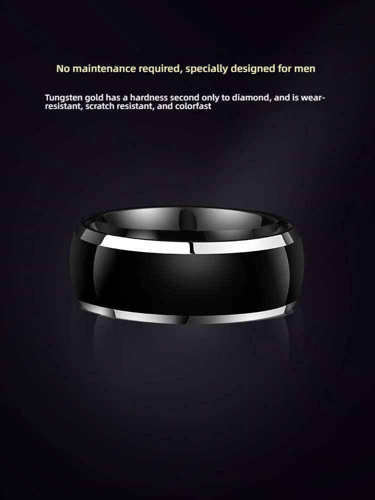 Tungsten Gold Ring Simple Men's High-end Singles' Pinky Ring Engraved Plain Ring Wide Ring with Aperture Black and Silver Wear-resistant and Scratch-resistant Comfortable To Wear
