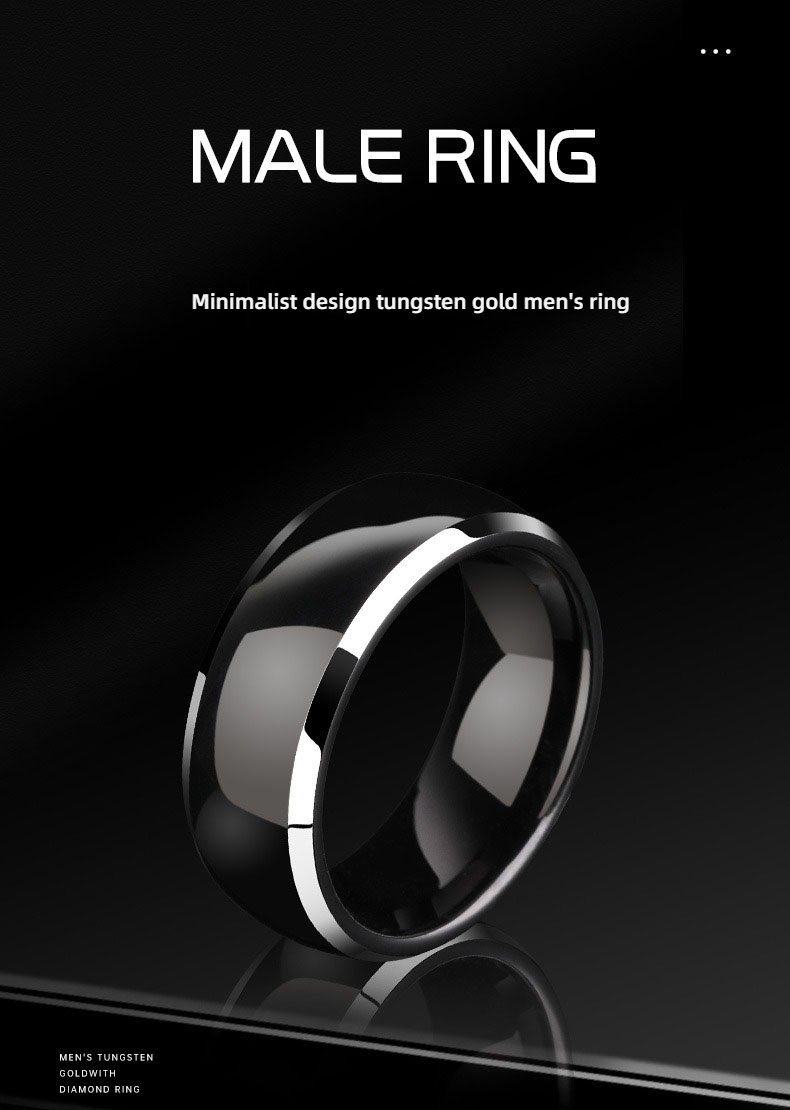 Tungsten Gold Ring Simple Men's High-end Singles' Pinky Ring Engraved Plain Ring Wide Ring with Aperture Black and Silver Wear-resistant and Scratch-resistant Comfortable To Wear