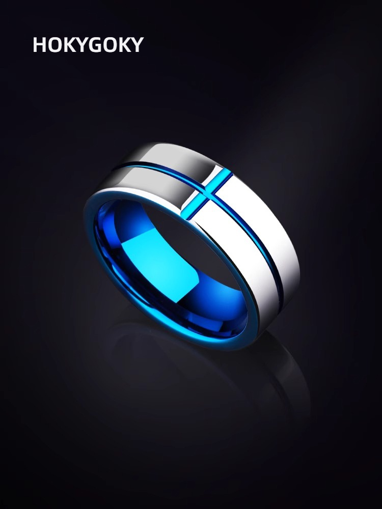 Men's Cross Index Finger Single Noble Blue High-End Tungsten Gold Unmarried Pinky Ring Promise Ring for Men 857 Tungsten Gold Ring Blue Cross Design Wear-Resistant and Scratch-Resistant Comfortable Inner Arc Free Engraving