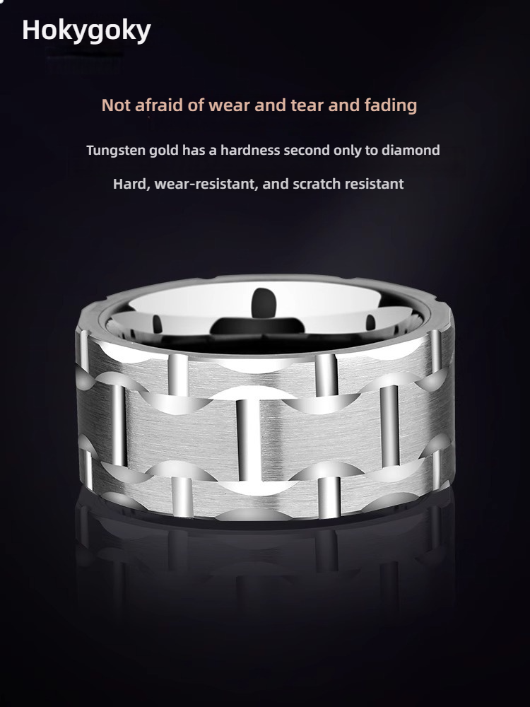 10mm Men's Tungsten Gold Wide Face Ring Engraved Men's Ring European and American Trend Personality Hip-hop All-match Tungsten Steel Index Finger Single Scratch-resistant Wear-resistant Exquisite Style