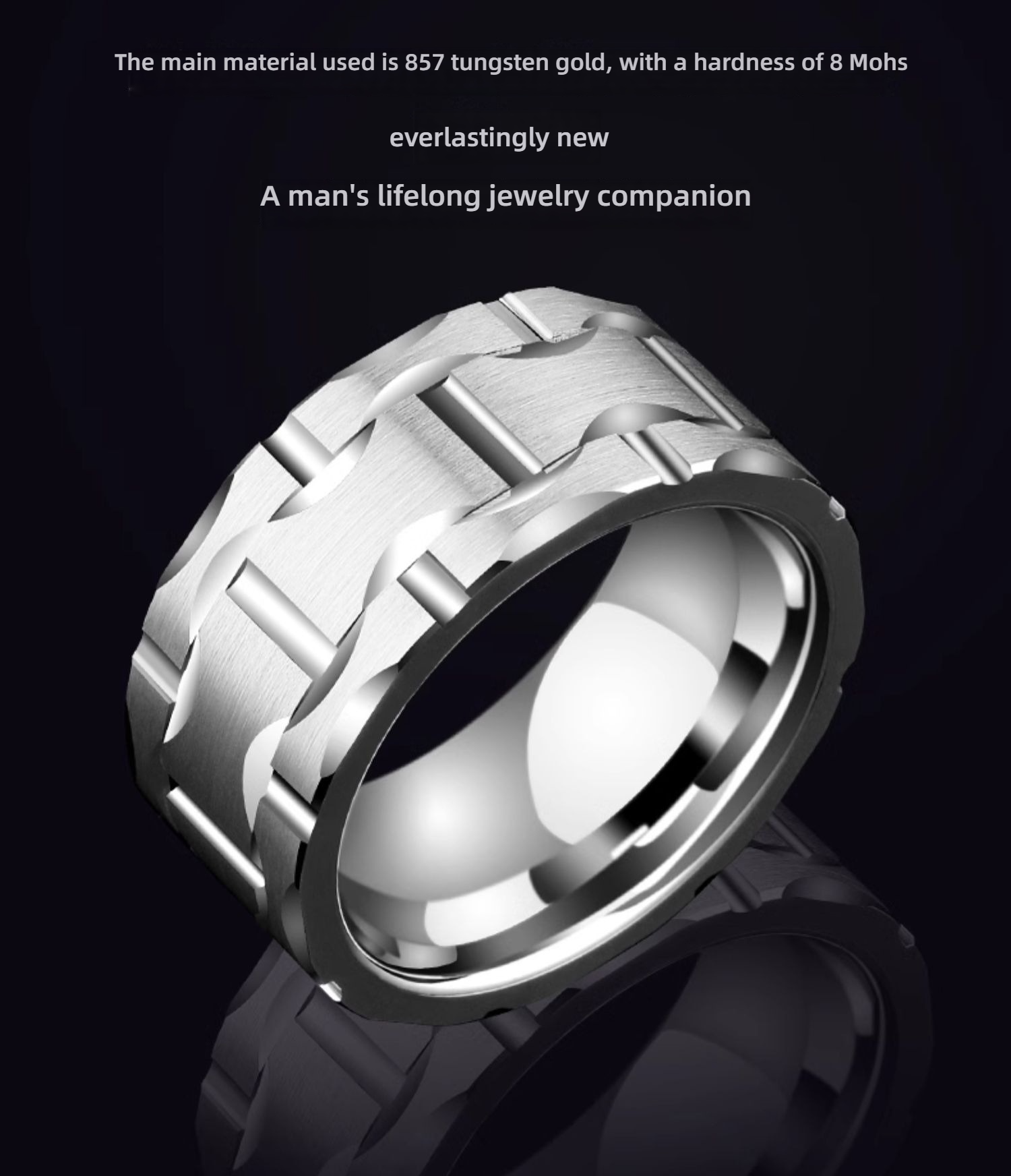 10mm Men's Tungsten Gold Wide Face Ring Engraved Men's Ring European and American Trend Personality Hip-hop All-match Tungsten Steel Index Finger Single Scratch-resistant Wear-resistant Exquisite Style