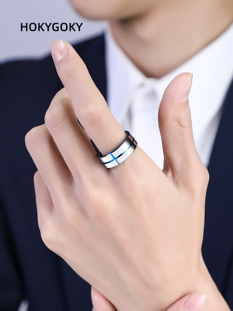 Men's Cross Index Finger Single Noble Blue High-End Tungsten Gold Unmarried Pinky Ring Promise Ring for Men 857 Tungsten Gold Ring Blue Cross Design Wear-Resistant and Scratch-Resistant Comfortable Inner Arc Free Engraving