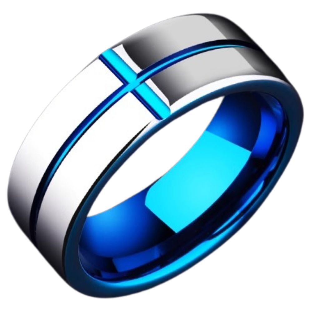 Men's Cross Index Finger Single Noble Blue High-End Tungsten Gold Unmarried Pinky Ring Promise Ring for Men 857 Tungsten Gold Ring Blue Cross Design Wear-Resistant and Scratch-Resistant Comfortable Inner Arc Free Engraving