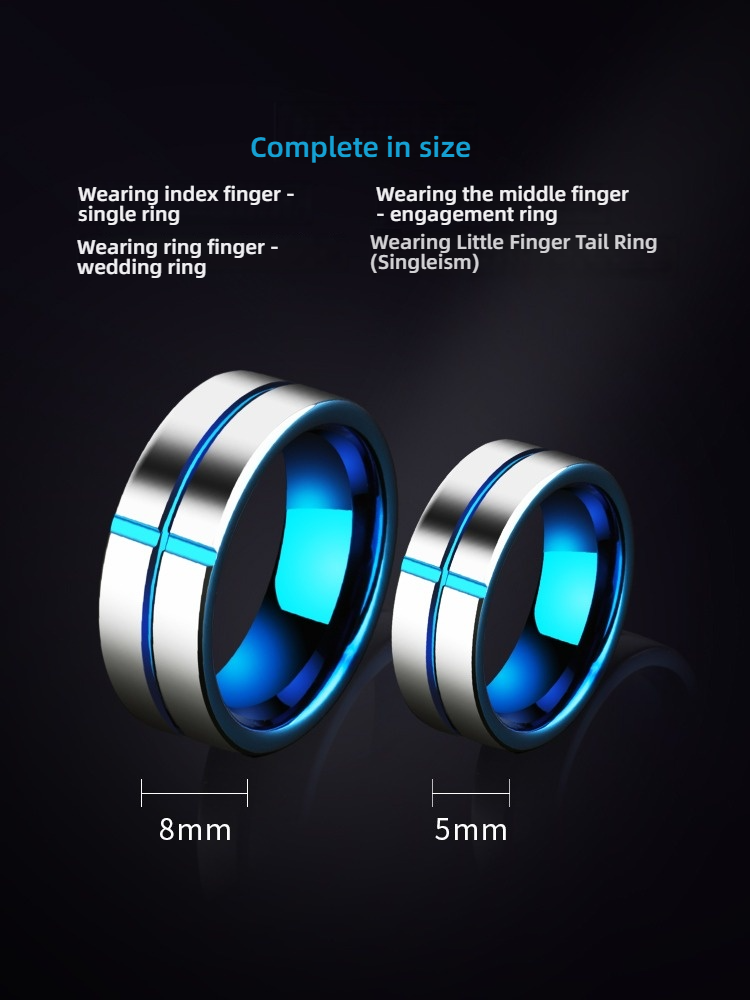 Men's Cross Index Finger Single Noble Blue High-End Tungsten Gold Unmarried Pinky Ring Promise Ring for Men 857 Tungsten Gold Ring Blue Cross Design Wear-Resistant and Scratch-Resistant Comfortable Inner Arc Free Engraving
