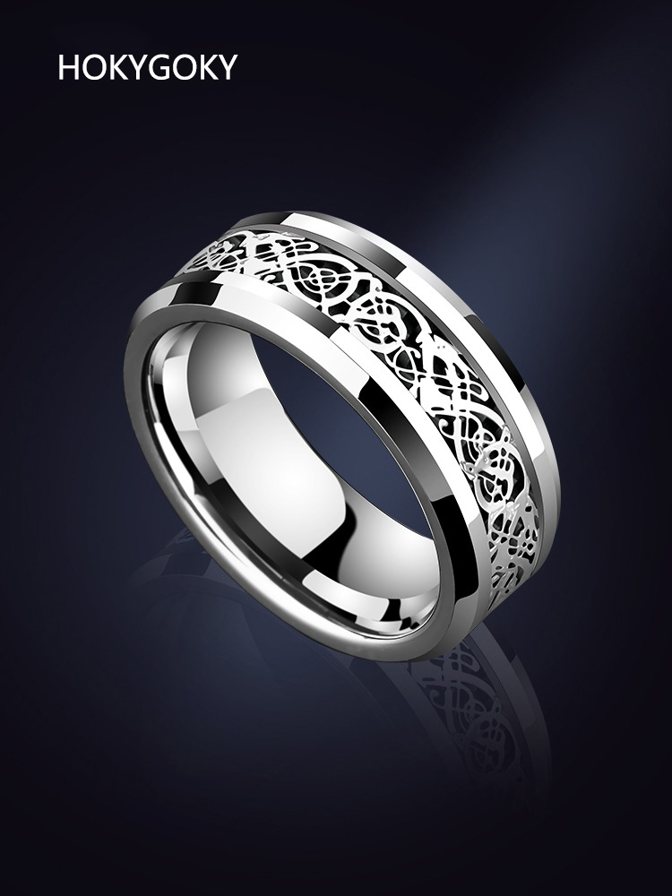 8mm Men's Ring Tungsten Gold Ring Fashion Gold Black Dragon Pattern Jewelry Index Finger Personalized Jewelry Single Tail Ring Dragon Pattern Totem Tungsten Gold Ring Wear-Resistant and Waterproof Free Engraving Customization