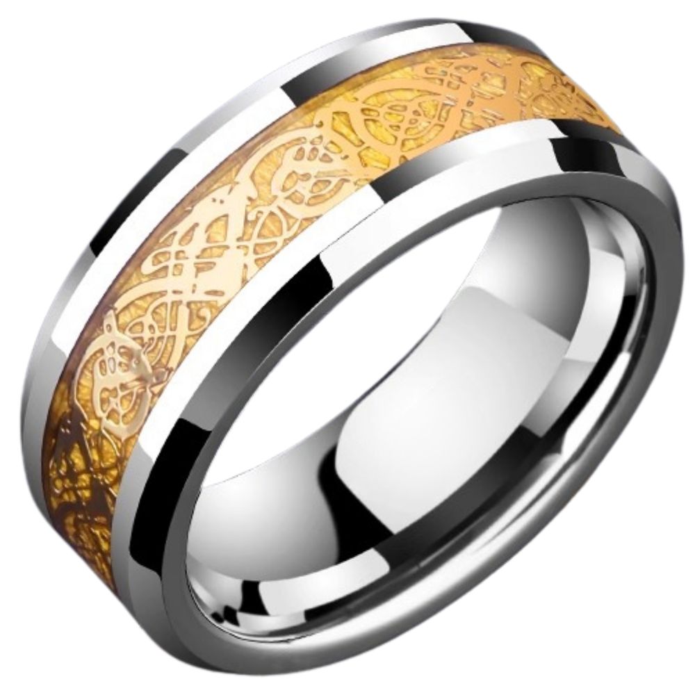 8mm Men's Ring Tungsten Gold Ring Fashion Gold Black Dragon Pattern Jewelry Index Finger Personalized Jewelry Single Tail Ring Dragon Pattern Totem Tungsten Gold Ring Wear-Resistant and Waterproof Free Engraving Customization