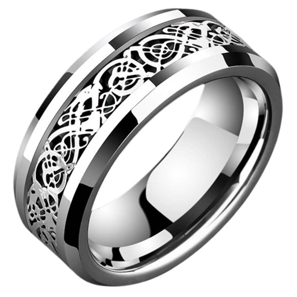 8mm Men's Ring Tungsten Gold Ring Fashion Gold Black Dragon Pattern Jewelry Index Finger Personalized Jewelry Single Tail Ring Dragon Pattern Totem Tungsten Gold Ring Wear-Resistant and Waterproof Free Engraving Customization