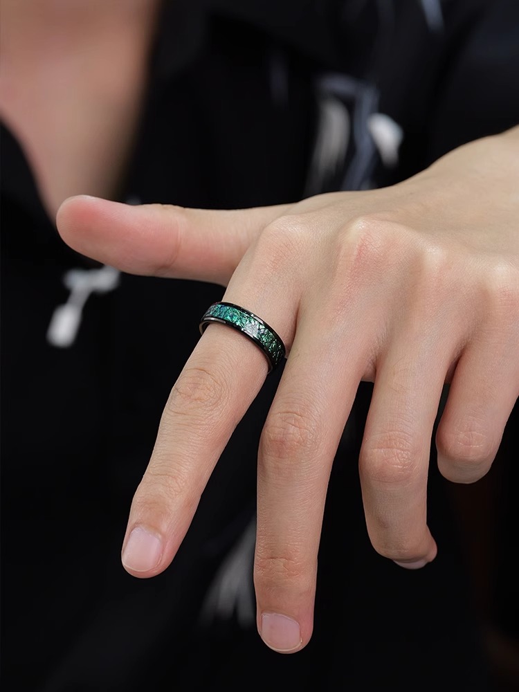 6mm Men's 857 Tungsten Gold Qingxuan Streamer Ring New Fashion Men's High-end Personality Green Tungsten Gold Fashion Niche Index Finger Single Ring Women Comfortable To Wear