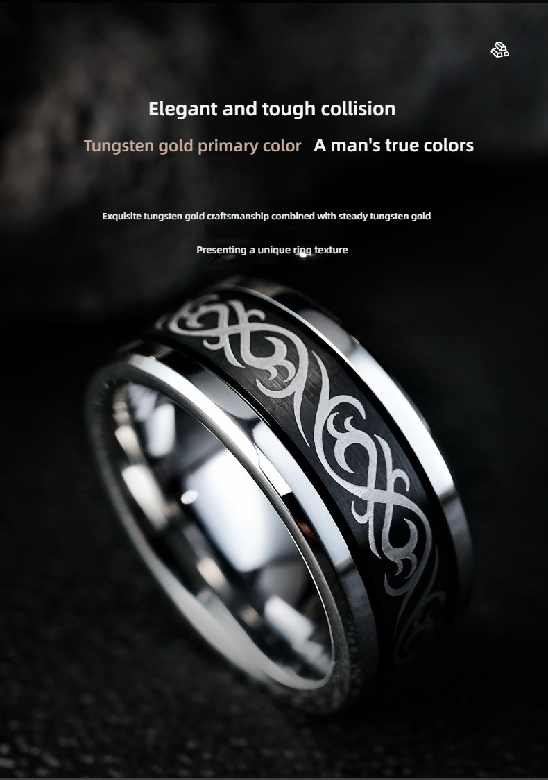 9mm Black 857 Tungsten Ring for Men Tungsten Niche Design Versatile Dragon Pattern Natal Ring Trendy Men's Fashion Index Finger Single Wear-resistant Comfortable and Tough