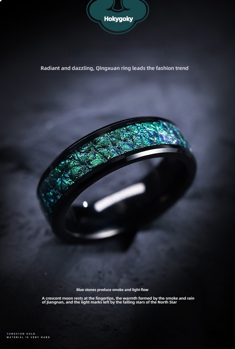 6mm Men's 857 Tungsten Gold Qingxuan Streamer Ring New Fashion Men's High-end Personality Green Tungsten Gold Fashion Niche Index Finger Single Ring Women Comfortable To Wear