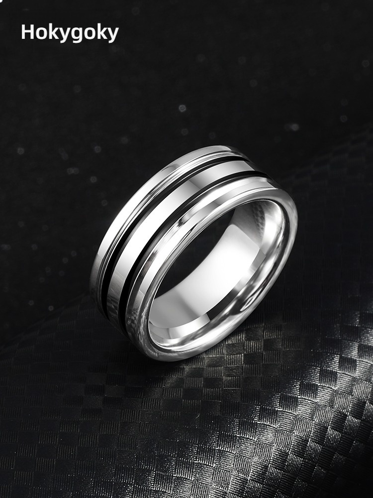 9mm Men's 857 Tungsten Ring with Black and White Stripes Tungsten Steel Trendy High-end Personality Fashionable and Versatile Wide Version of Black Gold Ring Classic and Simple Plain Ring Wear-resistant and Hypoallergenic